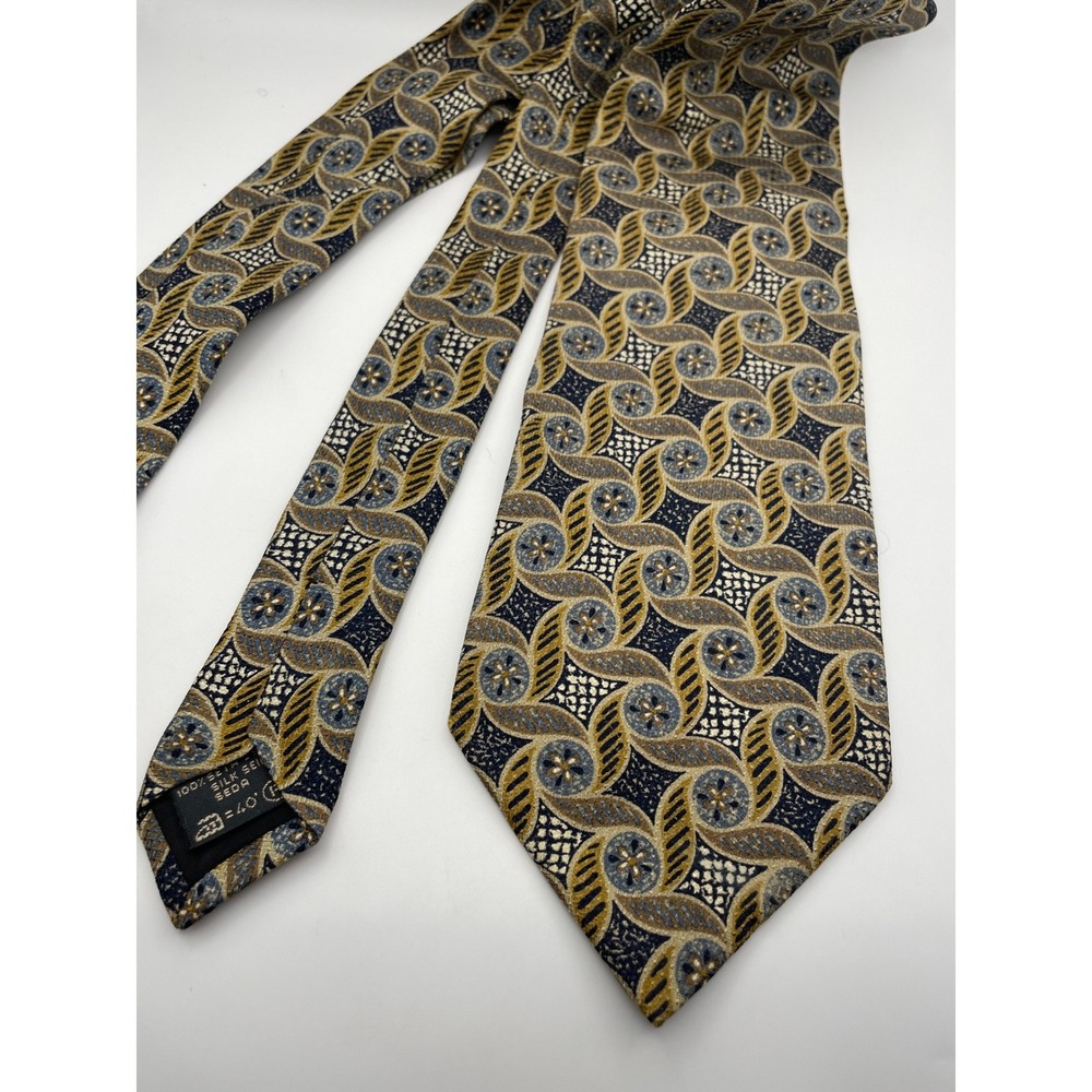 Bolgheri Mens Silk Tie Gold Navy Blue Geometric Medallion Pattern Classic Width
